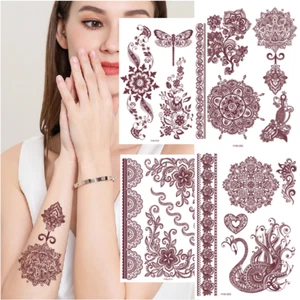 Juego de 4 Hojas Pegatinas Tatuaje Marrón Henna Encaje Impermeable Tatuaje Temporal - Imagen 1 de 10