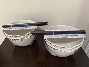 New! 4 Tommy Bahama Bowls Ramen Melamine w/ Chopsticks Beige Crackle Rustic - Picture 1 of 4