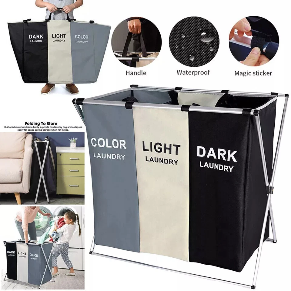 135l Laundry Cloth Hamper Sorter Basket Bin Foldable 3 Sections With Aluminum FR