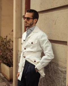 Retro Weiße Jacke mit Gürtel Einreihiger Anzug Reversekragen 4 Taschen - Bild 1 von 11