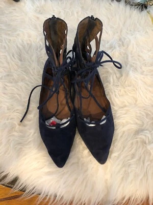 Jeffrey Campbell Atrium Navy Suede Ankle Strap Pointed Lace Up Gladiator Flat 8 - Image 1 of 4