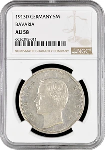Bavaria 5 mark 1913 D, NGC AU58, "King Otto I (1886 - 1913)" silver coin - Picture 1 of 2