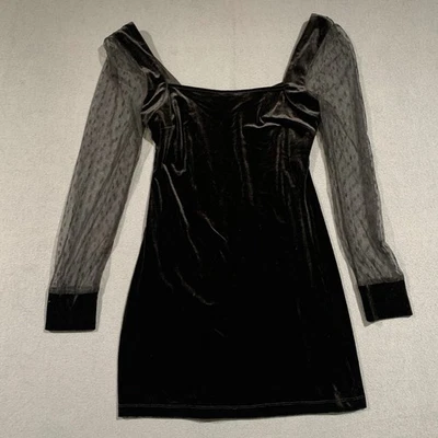 Gothic Fairy XXL Black Velvet Mini Dress Long Sheer Sleeve Party Cocktail - Image 1 of 4