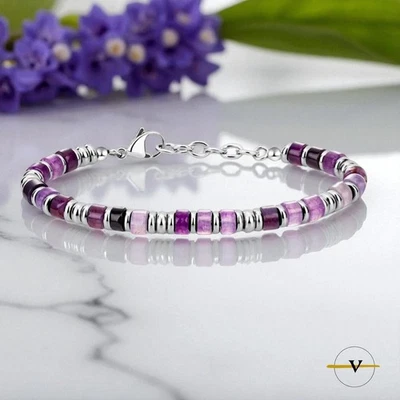 BRACCIALE UOMO DONNA ACCIAIO INOSSIDABILE E AMETISTA PIETRE DURE NATURALI - Immagine 1 di 4