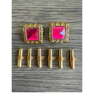 Vintage Large Pink & Gold Shirt Dress Jacket Shank Toggle Buttons Gold Tone 8 Pc - Picture 1 of 6
