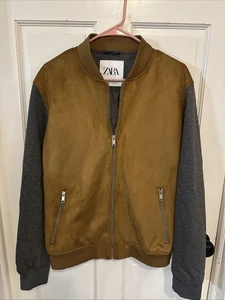 ZARA Men’s Camel Gray Faux Suede Bomber Zip Jacket Size Medium Classy Clean - Picture 1 of 10