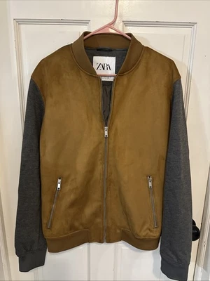 ZARA Men’s Camel Gray Faux Suede Bomber Zip Jacket Size Medium Classy Clean - Image 1 of 4