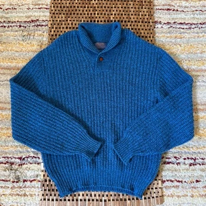 Vintage Pendleton Virgin Wool Chunky Knit Shawl Collar Sweater Blue Large L VTG - Picture 1 of 3