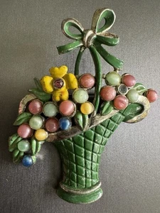 Vintage 30er Jahre grüner Emaille Korb mit Stein Brosche Anstecknadel - Bild 1 von 4