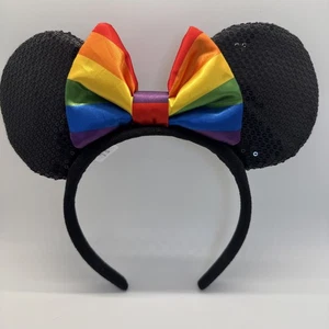 Disney Pride Collection Black Sequin Headband Mickey Mouse Ears Rainbow Bow - Picture 1 of 5