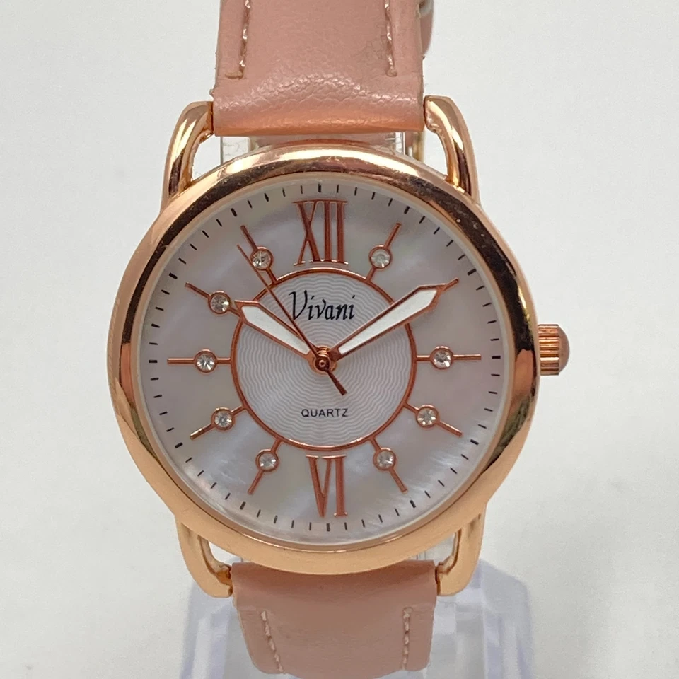 Vivani Watch Women 34mm Rose Gold Tone MOP Dial Bling Pink Band New Battery 8.5" - Image 1 of 4