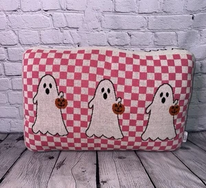 HEY BOO ROSA KARIERT Geist Kürbis Kissen 20x24 Jack-O Laterne Halloween Neu ohne Etikett - Bild 1 von 3