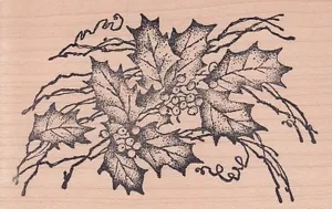 Holly Bough Serendipity Holz montiert Gummistempel 3 1/2 x 2" kostenloser Versand - Bild 1 von 2