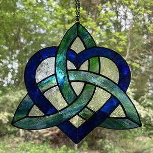 Azul cobalto y verde TRIQUETRA LOVE NUDO vitral ventana colgante atrapasol - Imagen 1 de 24