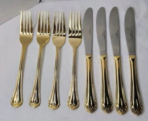 HAMPTON SILVERSMITHS Versailles 24kt Gold Plated 8 Pieces GLOSSY Flatware 4 Fork - Picture 1 of 11