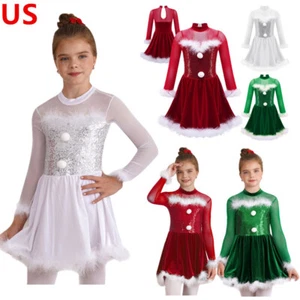 Kids Girls Long Sleeve Sequin Figure Dance Dress Christmas Snowman Costume - Picture 1 of 37