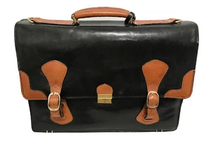 D'Hanis Black Leather Briefcase With Caramel Brown Accents - Picture 1 of 9