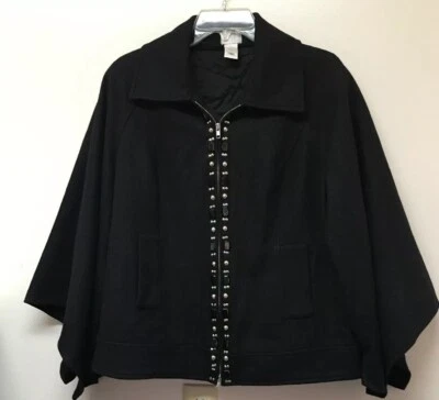 Hot in Hollywood Unique Black Wool Dressy Jacket V Slit Kimono Sleeve Women’s L - Image 1 of 4