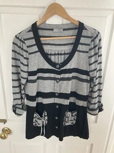 Per Una Grey Black Stripe Cardigan 3/4 Sleeve Size 12 Women’s Button Front Knit - Picture 1 of 10