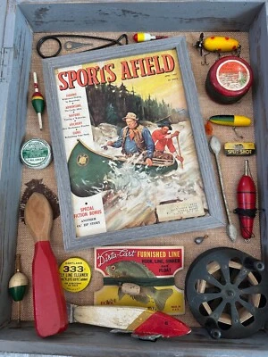 Rustic Shadowbox filled with vintage fishing lures, tackle, gear, Shadow Box . - Image 1 of 4