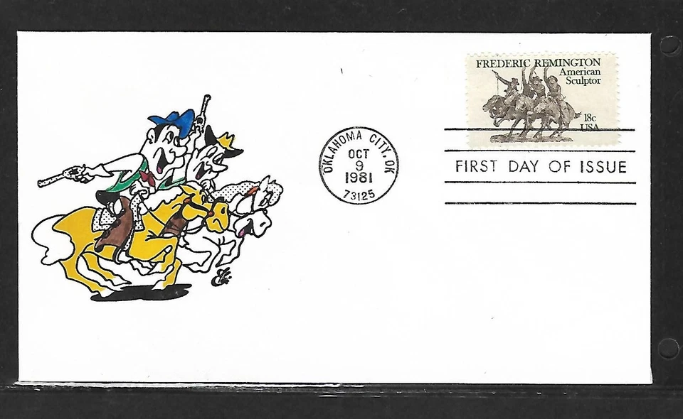 USA HAND PAINTED FREDERIC REMINGTON 1981 RICHARD ELLIS ANIMATED FDC + CACHET - Image 1 of 1