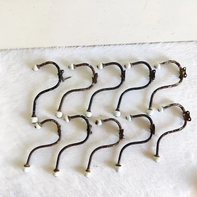 1920 Vintage Victorian Ceramic Knob Ornate Iron Wall Hanger Hook Rare 10Pcs I85 - Image 1 of 4