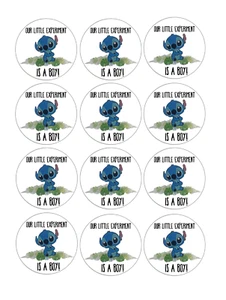 Set of 12 Stitch, boy baby shower edible paper, cupcake cookie toppers PRE CUT - Picture 1 of 4