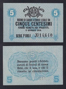 Banknotes Italy 5 Cents Casing Veneta Of Loans 1918 P M1 Fds / UNC B-02 - Picture 1 of 1