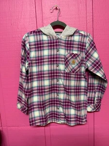Carhartt Girl’s Hooded Flannel Plaid Pink Purple Ivory Size MED 7/8, Western - Picture 1 of 4