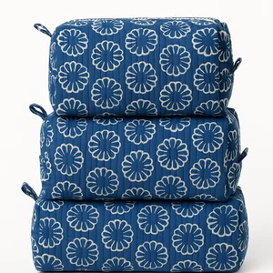 3 PC Indian Cotton Quilted One Zipper Toiletry Bags Women Makeup Storage Case - Picture 1 of 3