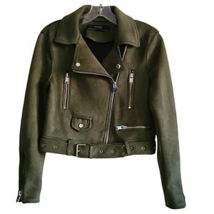 ZARA Outwear Olive Green Faux Suede Belted Moto Biker Jacket Women's Size XS - Picture 1 of 8