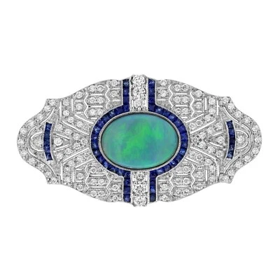 18K Gold Natural 1.80 Ct. Black Opal Sapphire and Diamond Art Deco Style Brooch - Image 1 of 4