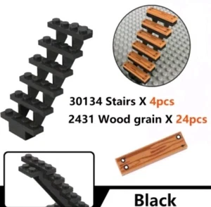 Building Block BLACK Staircase w Woodgrain Treads Brand Compatible Brick Steps  - Picture 1 of 4