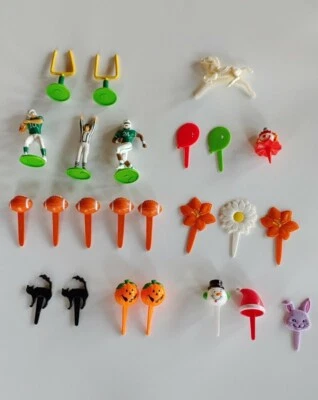 Vintage Lot 24 Cupcake Cake Toppers Halloween Football Holidays Birthday Flowers - Image 1 of 4