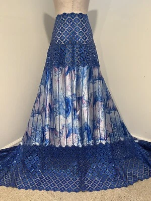 Blue White Pink Tie Dye Satin Sequins Embroidered Lace Fabric 50” Width 1 Yard - Image 1 of 4