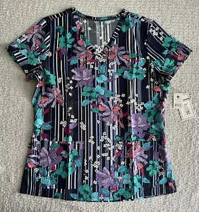 Koi Next Gen Scrub Top Womens Medium Early Energy Striped Floral Stretch Nursing - Picture 1 of 10