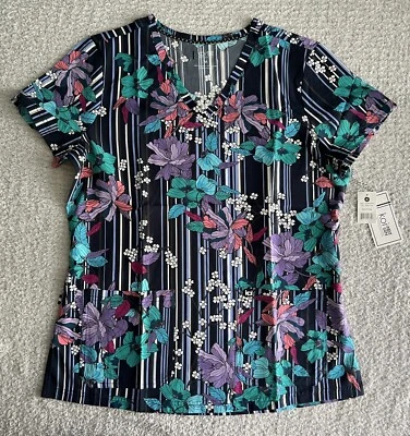 Koi Next Gen Scrub Top Womens Medium Early Energy Striped Floral Stretch Nursing - Image 1 of 4