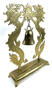Vintage Chinese Solid Bronze Brass Bell Two Dragons Stand Beautiful Chime RARE - Picture 1 of 8