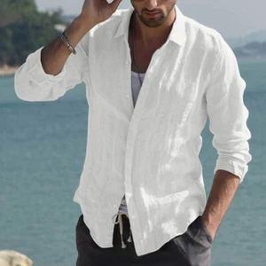 Camicia uomo bottoni manica lunga cotone lino t-shirt casual estate spiaggia *vendita* - Foto 1 di 18