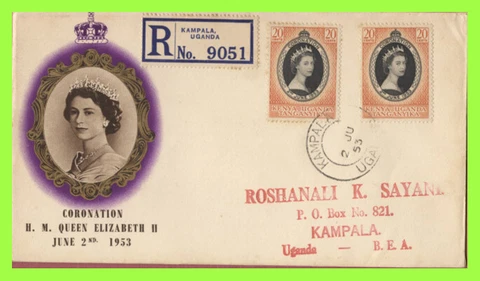 K.U.T. 1953 QEII Coronation 20c x 2  on registered First Day Cover, Kampala Cover