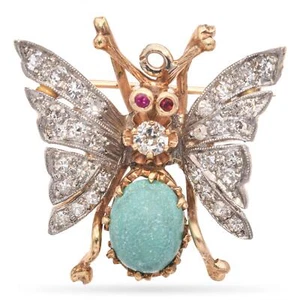 Antique Yellow Gold Diamond and Turquoise Butterfly Pin - Picture 1 of 6