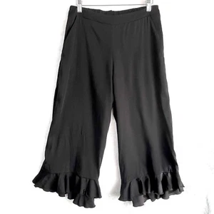 Bebe Pants Womens M Black Satin Wide Leg Cropped Ruffle Hem Boho Lagenlook - Picture 1 of 13