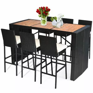 Patiojoy 7 PCS Premium Patio Rattan Wicker Bar Dining Furniture Set 6 Stools - Picture 1 of 5