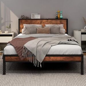 DUMEE Double Bed Frame with Wooden Storage Shelf Headboard, Metal Platform Bed