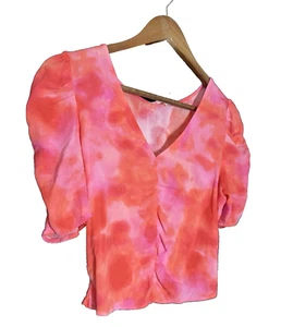 Leith Rosa Orange Calypso Rüschen Puffärmel Cropped Top Batik Boho Coquette S - Bild 1 von 7