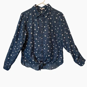 KUT from the Kloth XL Star Print Denim Tie-Front Shirt Top Button Roll Sleeve - Picture 1 of 11