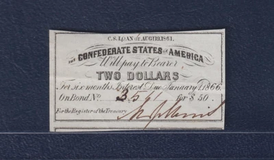 $2 CONFEDERATE CIVIL WAR $50 DOLLAR  1861 BOND Coupon JOHNSON SIGNED CSA Bill - Image 1 of 2