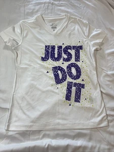 NIKE Dri-Fit Youth Girls Large V-neck White Tee Shirt Just Do It - Picture 1 of 11