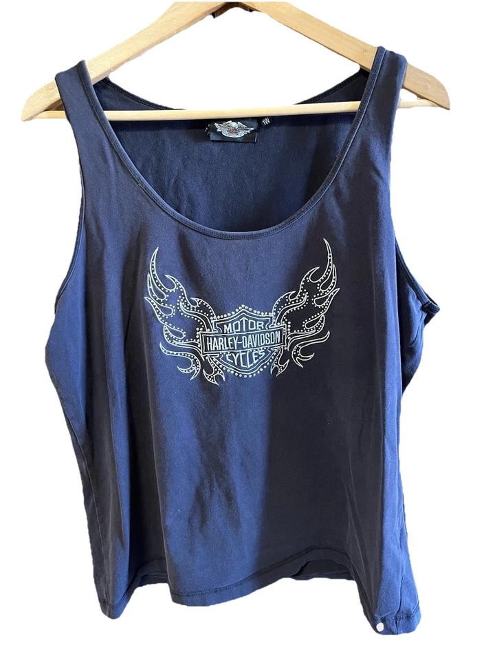 Regata feminina vintage anos 90 Y2K Harley Davidson preta GG chama motociclista - Imagem 1 de 4