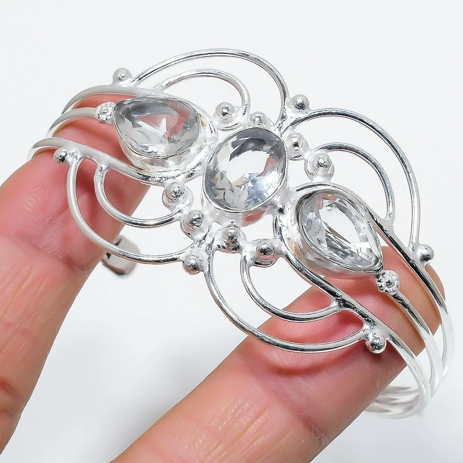 Bracelete ajustável de prata esterlina 925 pedra preciosa topázio branco - Imagem 1 de 1